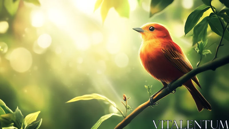 Vivid Red Songbird Perched on Branch in Sunlit Forest Scene.