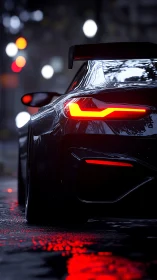 Rear view shows sports car taillights on wet city street