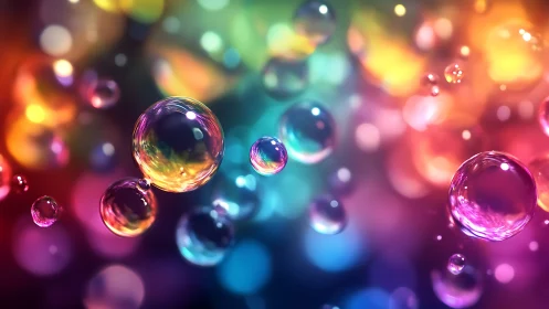 Glowing rainbow bubbles drift through dreamy bokeh light.