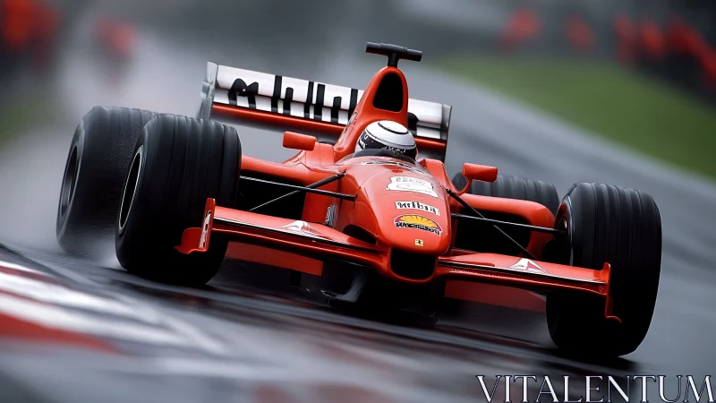 Red Formula race car powers through wet track in motion