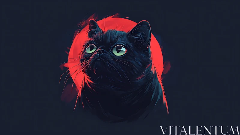 Digital Black Cat Portrait with Neon Halo Illumination.