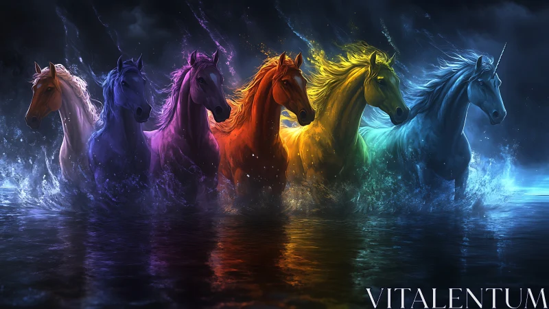 Rainbow spectral horses charge through glowing water at night.