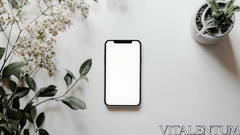Smartphone with blank screen surrounded by potted plants