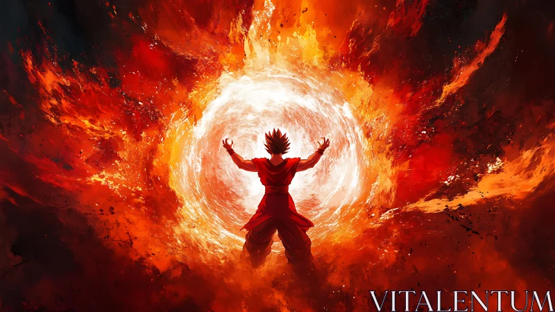 Fiery anime warrior channels colossal cosmic energy sphere.