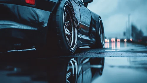 Midnight street car resting by rainy city reflections.