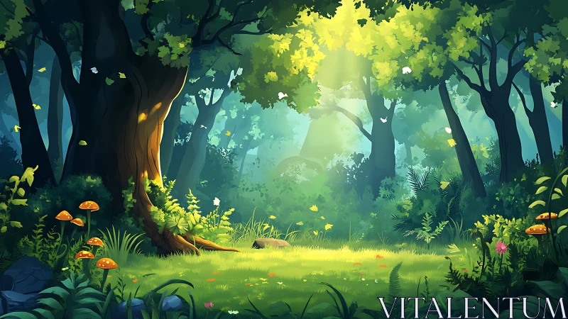 Enchanted Forest Glade Where Sunlight Dances Through Trees.