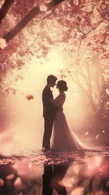 Blossom-lit newlyweds linger where petals borrow the light