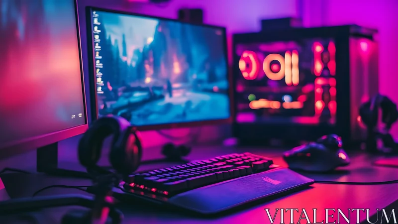 Neon pixels hum quietly while the gaming rig dreams in color