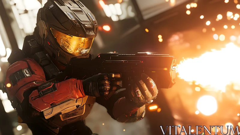 Armored space soldier unleashes rifle fire amid blazing sparks