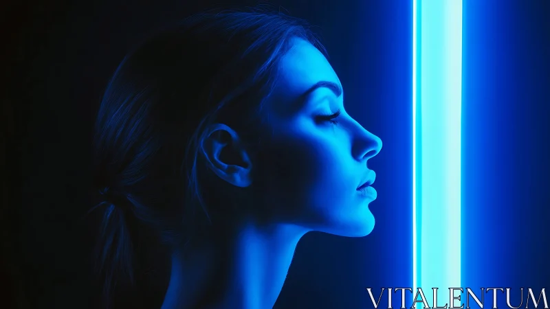 Profile portrait of woman lit by vertical blue neon bar.