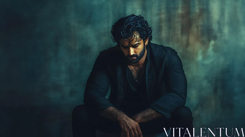 Low-key portrait of seated man in moody cinematic lighting.