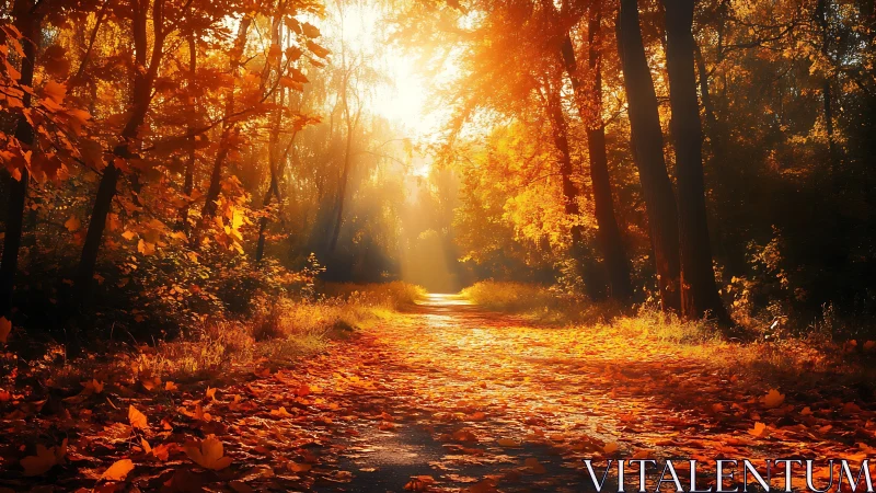 Sunlit autumn forest path glowing with golden leaves.