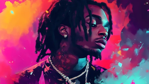 Neon clouds cradle a jeweled portrait in electric stillness