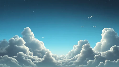 Layered cumulus clouds rise beneath clear blue sky with birds