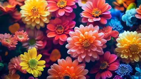 Gerbera daisies in multiple color gradients arranged on dark background.