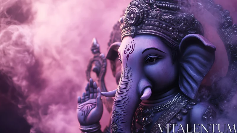 Radiant Ganesha deity glows amid purple incense haze.