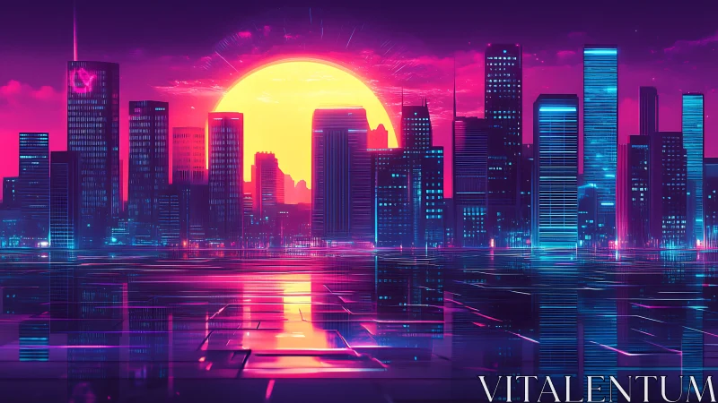 Neon drenched skyline basking in a glowing retro sunset.