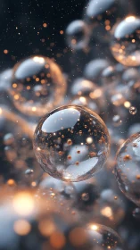 Glowing glass orbs drift through luminous cosmic dust.