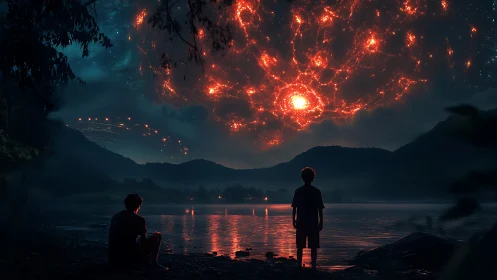 Two children watch fiery cosmic phenomenon over dark lake