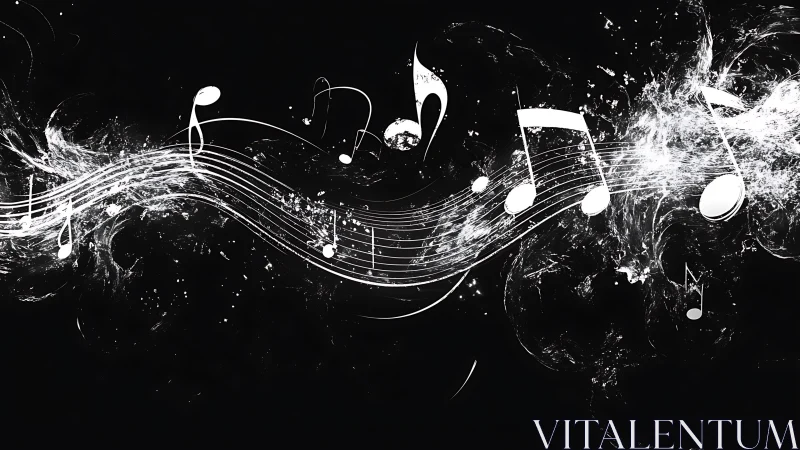 White musical notes and staff swirl dynamically on black