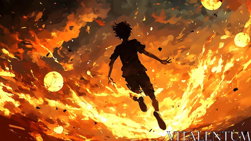 Figure Running Through Flames in Explosive Orange Inferno.