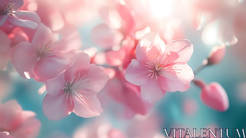 Soft sunlight caresses pastel pink cherry blossoms in bloom