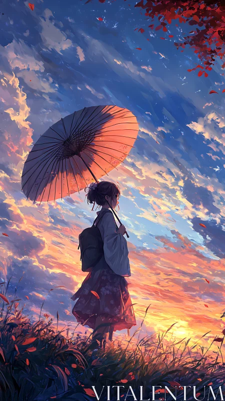 Side view of girl with umbrella against stratified sunset sky