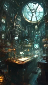Industrial steampunk control lab with overhead glass reactor dome