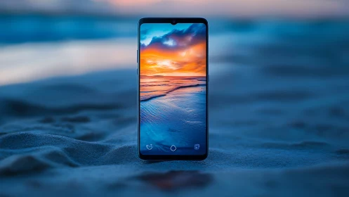 Smartphone Displaying Sunset Seascape Against Coastal Sand Environment.