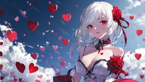 White-haired anime girl with red roses and floating hearts.