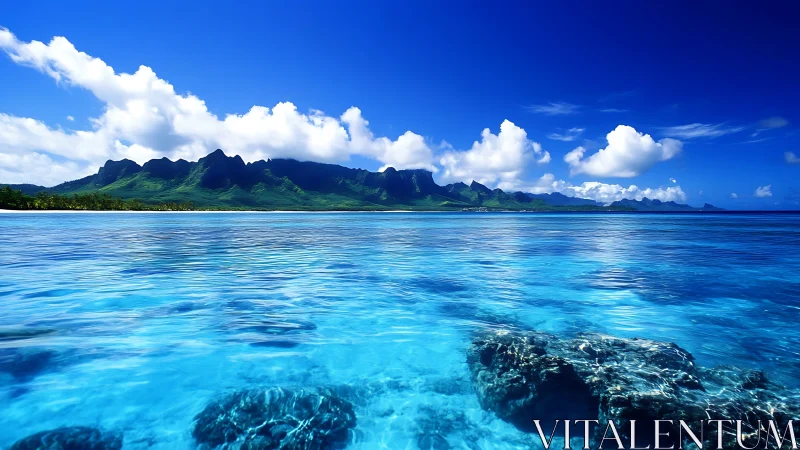 Tropical coastal lagoon with clear shallows and volcanic ridge