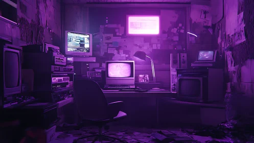 Neon-drenched retro command center with stacked CRT systems.