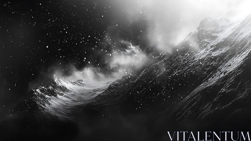 Monochrome blizzard over rugged alpine ridge at night.