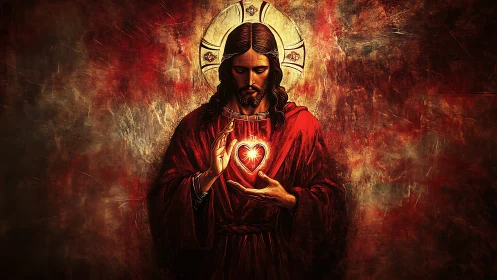 Radiant sacred heart cradled in crimson reverence glow.