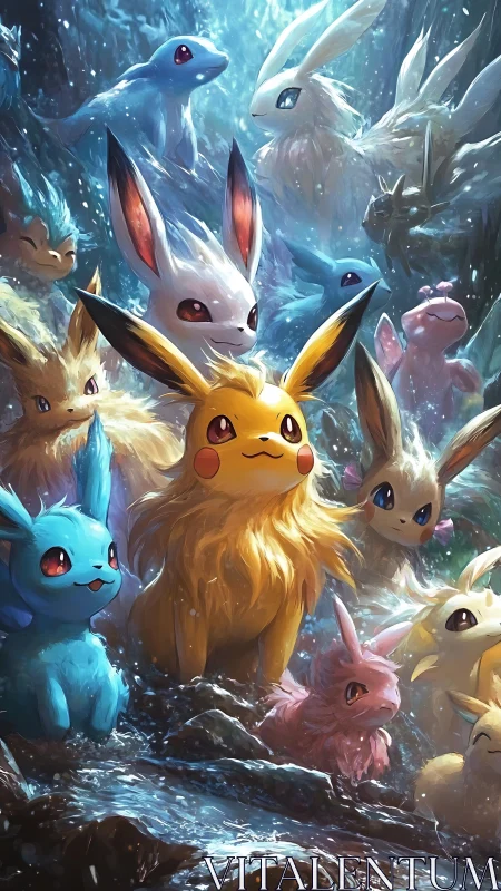 Electric fox-like creatures gather in a glowing fantasy forest.