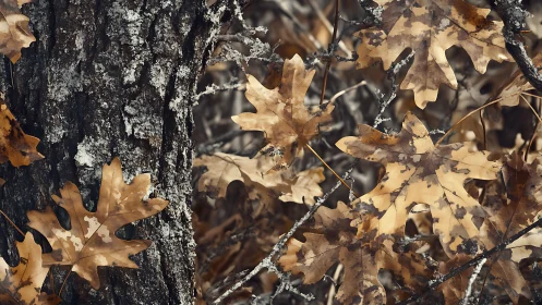 Golden oak leaves resting softly against textured tree bark.
