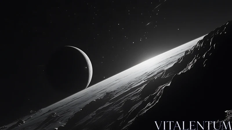 Quiet crescent planet rising above a silver lunar horizon.