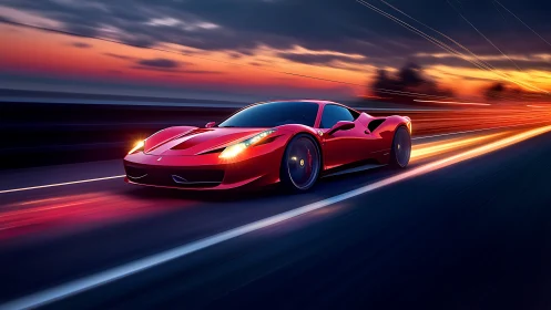 Red supercar accelerates along coastal highway at neon dusk