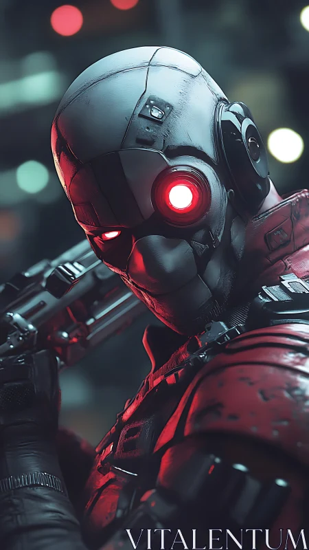 Cybernetic assassin aims forward under neon city lights