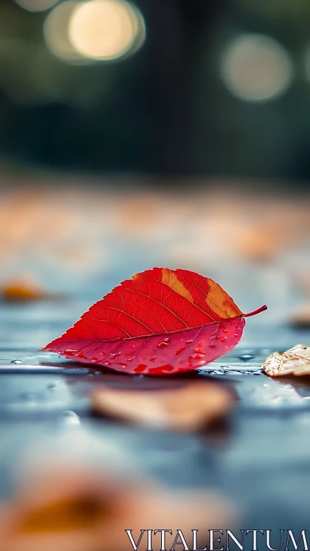 Scarlet leaf adrift on rainwashed pavement in soft bokeh hush.