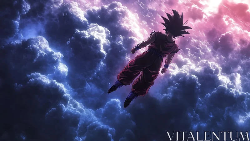 Backlit anime warrior ascending through volumetric storm clouds.
