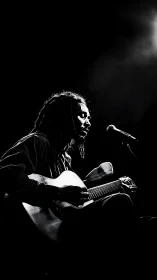 Midnight spotlight carves a lone guitarist from shadow