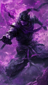 Shadowed purple warrior surging forward in swirling energy.