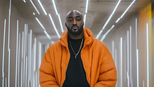 Man in orange jacket in illuminated tunnel at night.