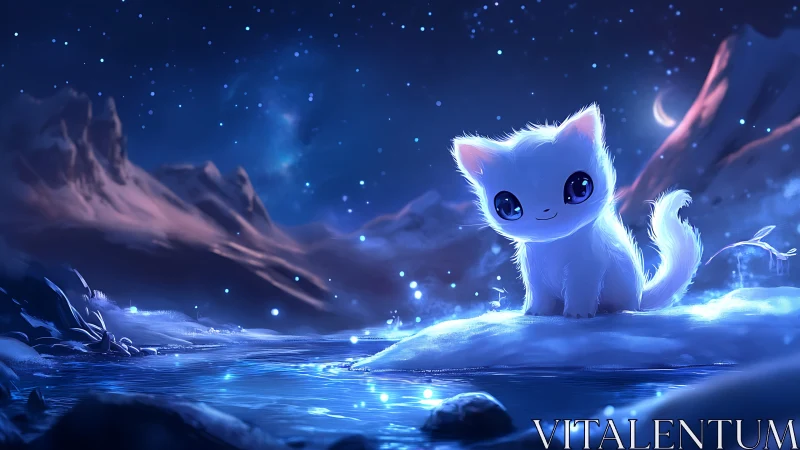 A glowing white cat sits peacefully in a magical winter landscape