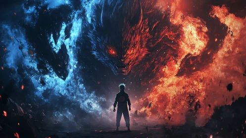 Silhouetted figure stands before dual elemental wolf forms
