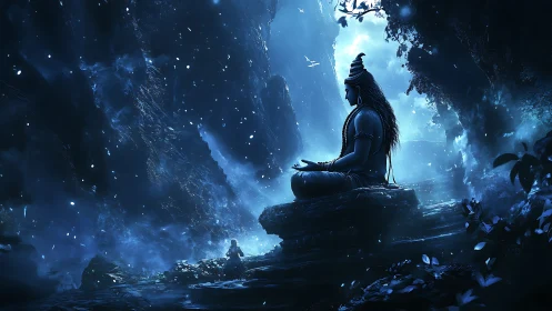 Meditating figure on rocky platform in blue-lit canyon.