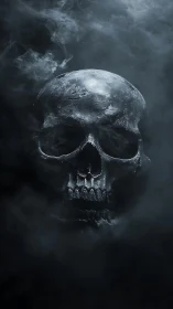 Volumetric-lit skull emerges from dense atmospheric smoke