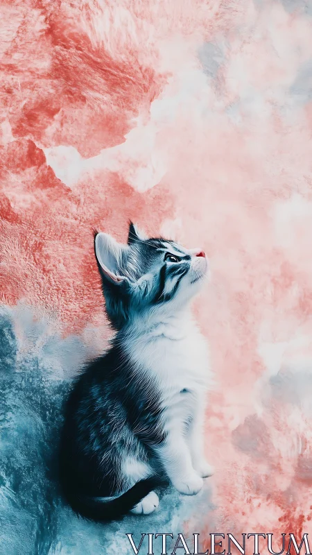 Kitten Contemplates Vibrant Pink-Blue Dreamscape.