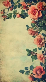 Vintage rose vine border on textured pastel paper background